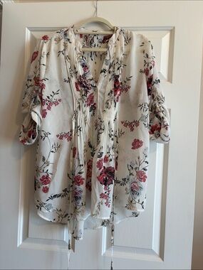 American rag Floral Pintuck Tie-back Blouse - sheer White with Pink Floral